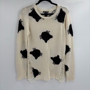 Hot Topic Black and Cream Distressed Women's Sweater emo punk retro indie medium